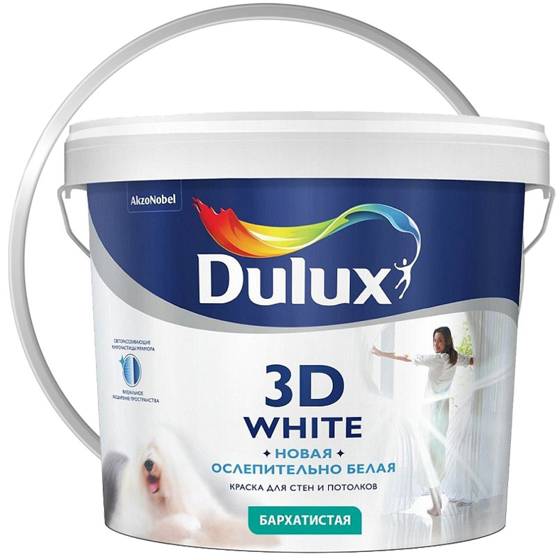 Краска для стен и потолков интерьерная «DULUX 3D White Белая матовая База BW» 9 л