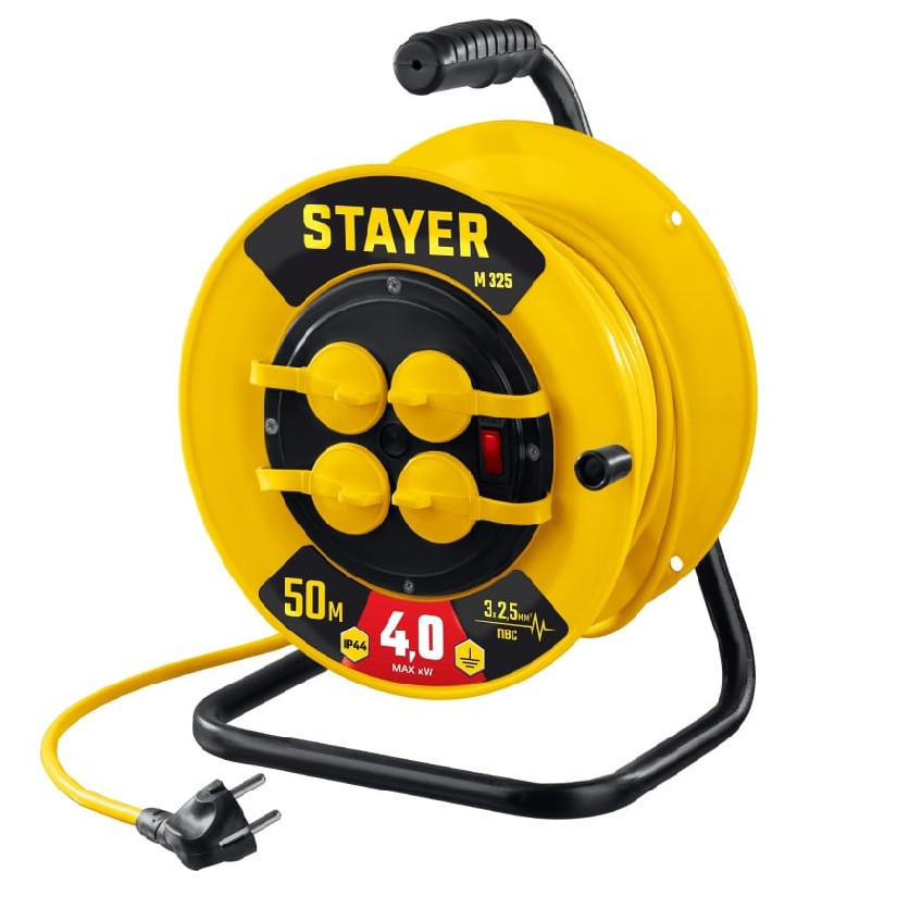 Удлинитель силовой на катушке Stayer 55064-50 М-325 ПВС 3х2,5 4000 Вт 50 м