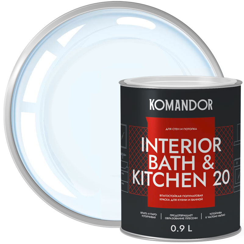 Краска для ванной и кухни «КОМАНДОР INTERIOR BATH & KITCHEN 20» Бесцветная База C матовая 0,9 л