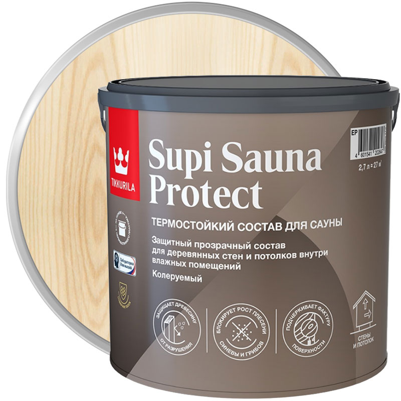 Защитный состав для бани и сауны «TIKKURILA Supi Sauna Protect полуматовый бесцветный» 2,7 л