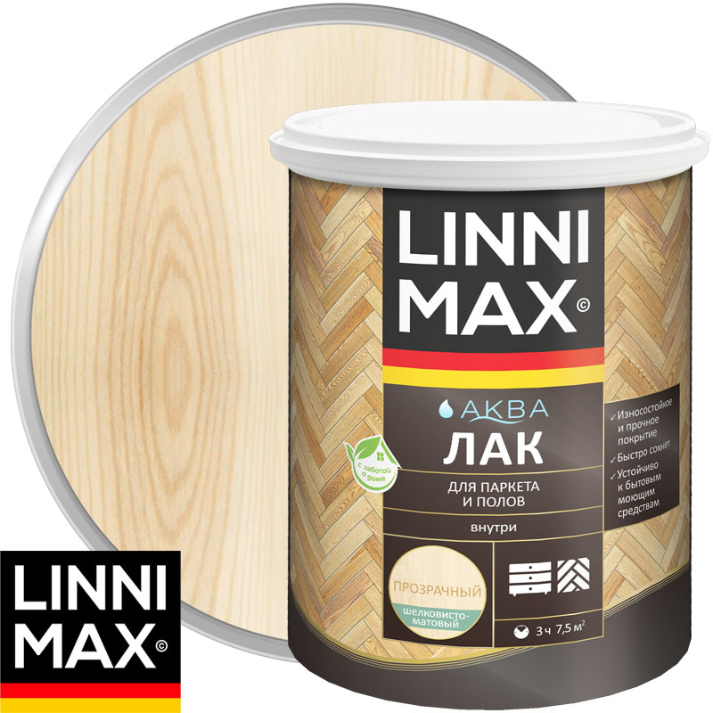 Лак «LINNIMAX Аква Лак для паркета и полов» Бесцветный Шелковисто-матовый 0,9 л