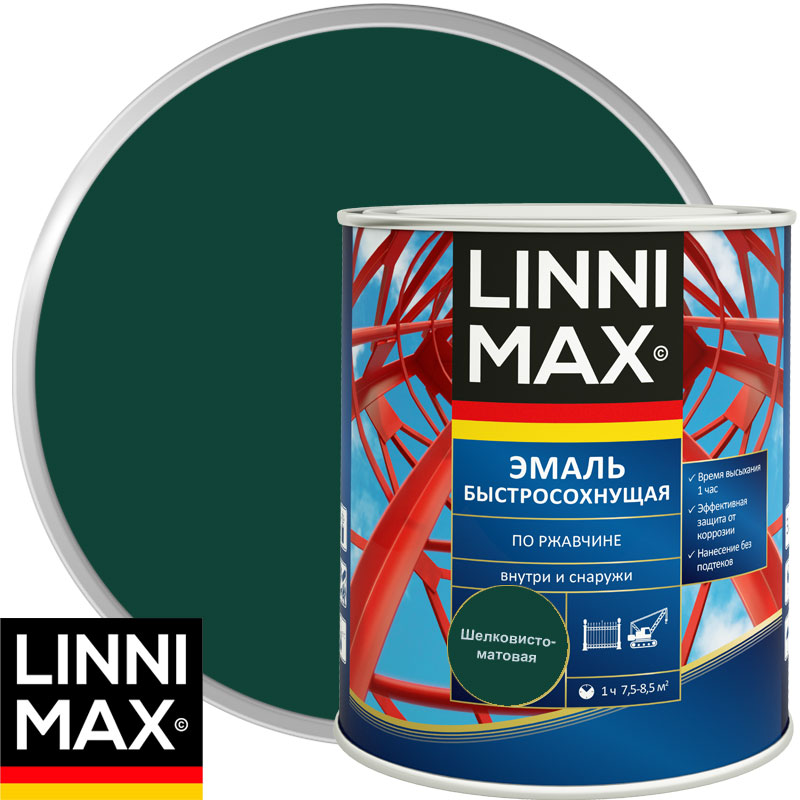 Грунт-эмаль алкидная «LINNIMAX Эмаль быстросохнущая по ржавчине» шелковисто-матовая Зеленая RAL 6005 0,75 л