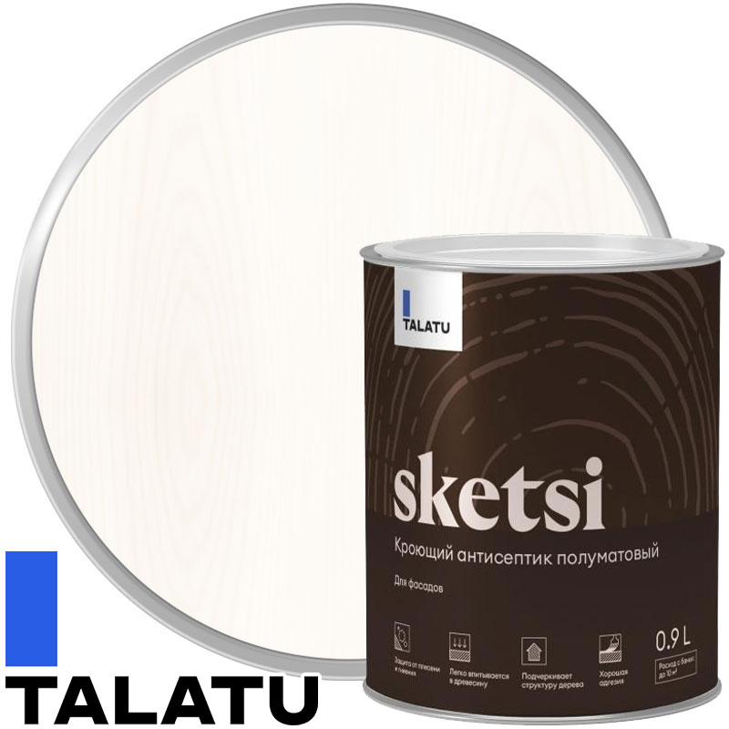 Кроющий водно-дисперсионный антисептик «TALATU SKETSI» Белый База А полуматовый 0,9 л
