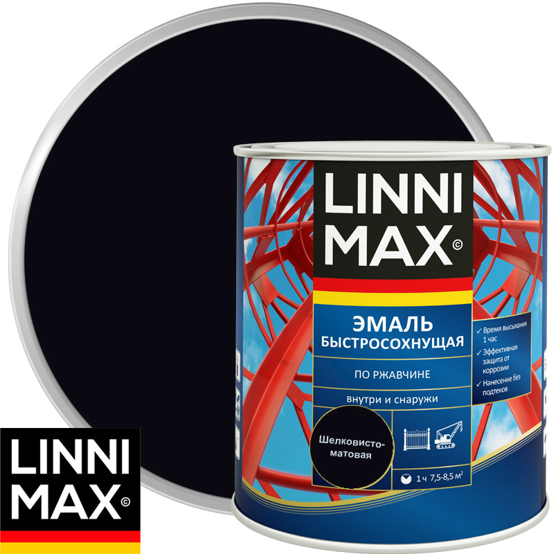 Грунт-эмаль алкидная «LINNIMAX Эмаль быстросохнущая по ржавчине» шелковисто-матовая Черная RAL 9005 0,75 л