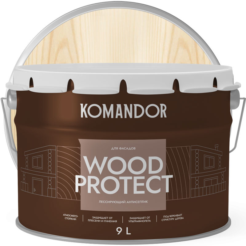Лазурь антисептирующая для дерева «КОМАНДОР WOOD PROTECT» Бесцветный  9 л