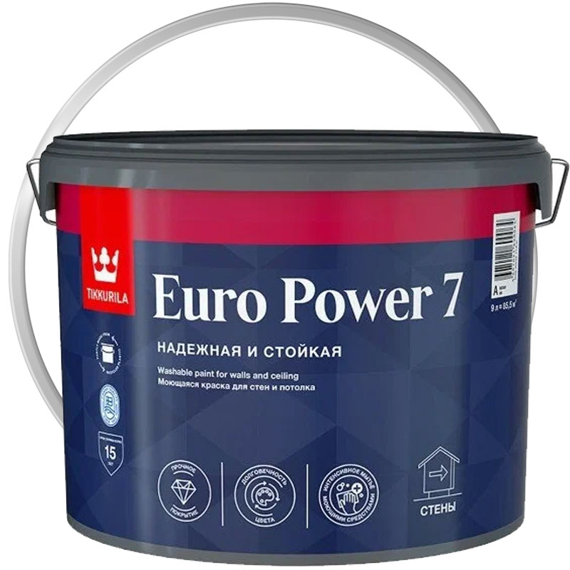Краска интерьерная моющаяся «TIKKURILA Еuro Power 7 Белая матовая База A» 9 л