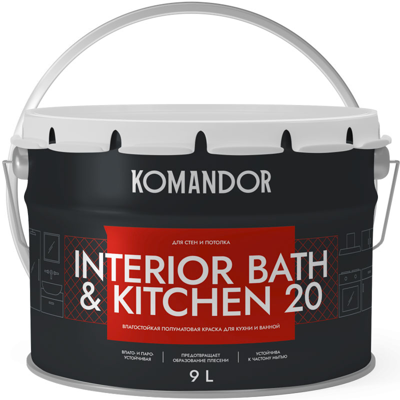 Краска для ванной и кухни «КОМАНДОР INTERIOR BATH & KITCHEN 20» Белая База A матовая 9 л