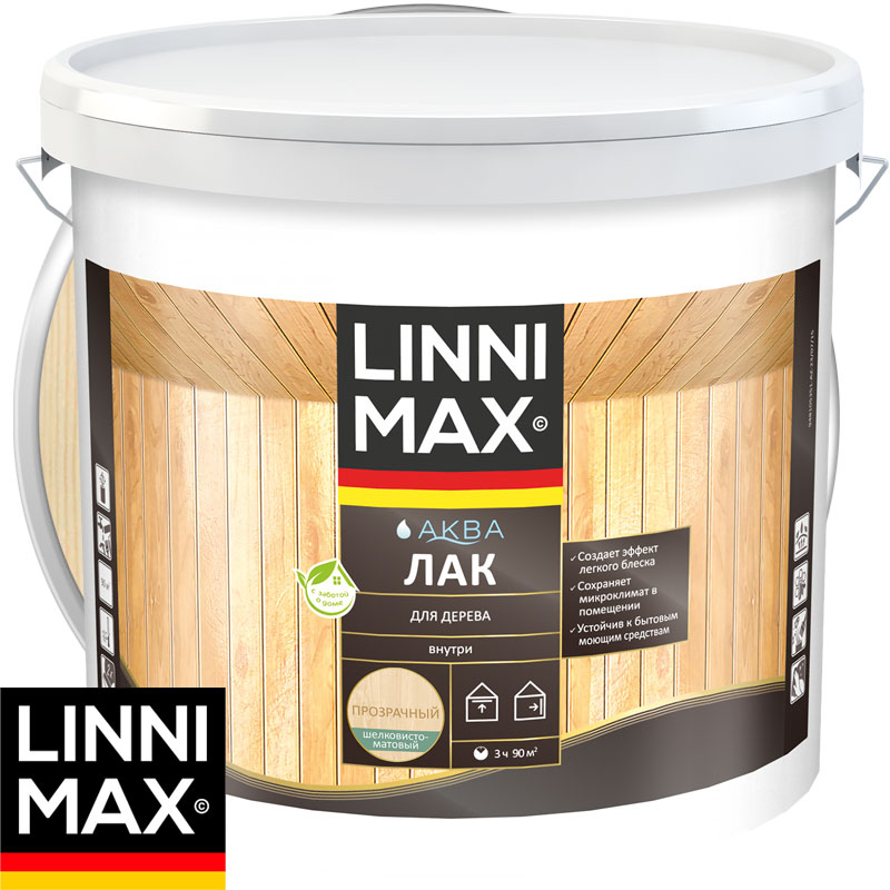 Лак акриловый «LINNIMAX Аква Лак для дерева» Шелковисто-матовый 9 л