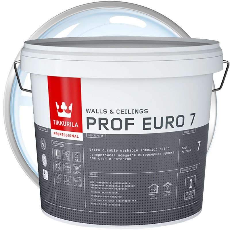 Краска интерьерная моющаяся «TIKKURILA Prof Euro 7 Бесцветная матовая База С» 9 л
