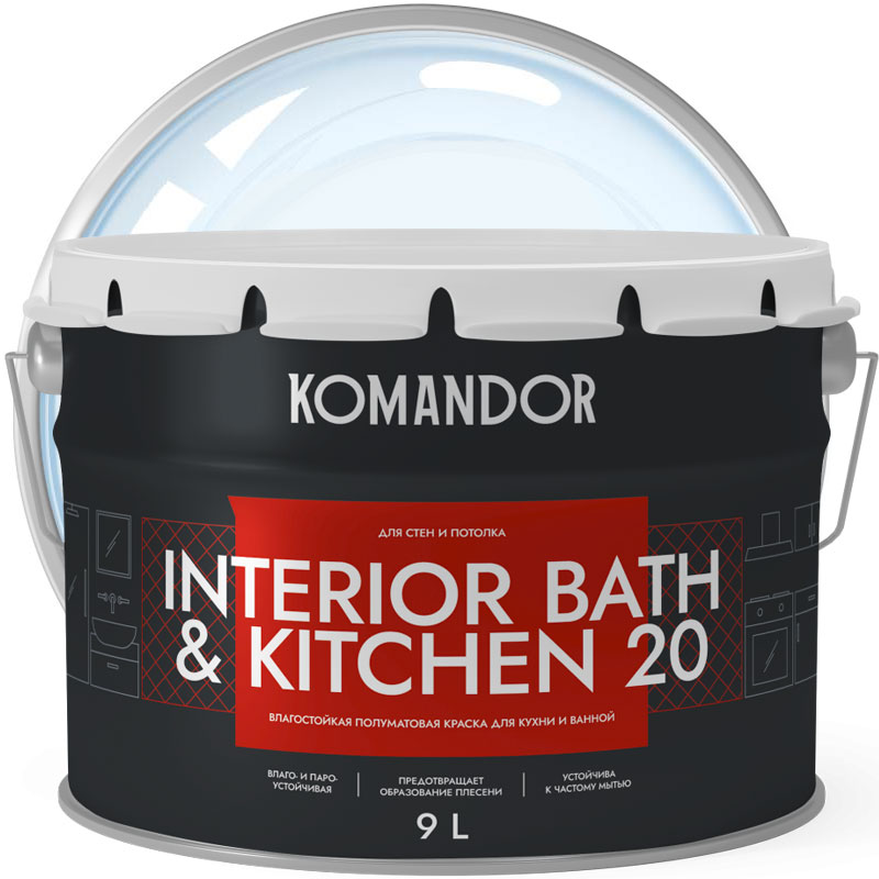 Краска для ванной и кухни «КОМАНДОР INTERIOR BATH & KITCHEN 20» Бесцветная База C матовая 9 л