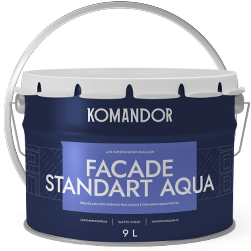 Краска фасадная «КОМАНДОР FACADESTANDART AQUA» Белая База А 9 л атмосферостойкая полиакриловая глубокоматовая