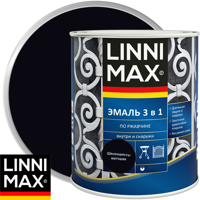 Эмаль алкидно-уретановая «LINNIMAX Эмаль по ржавчине 3 в 1» RAL 9005 Черная 2,5 л