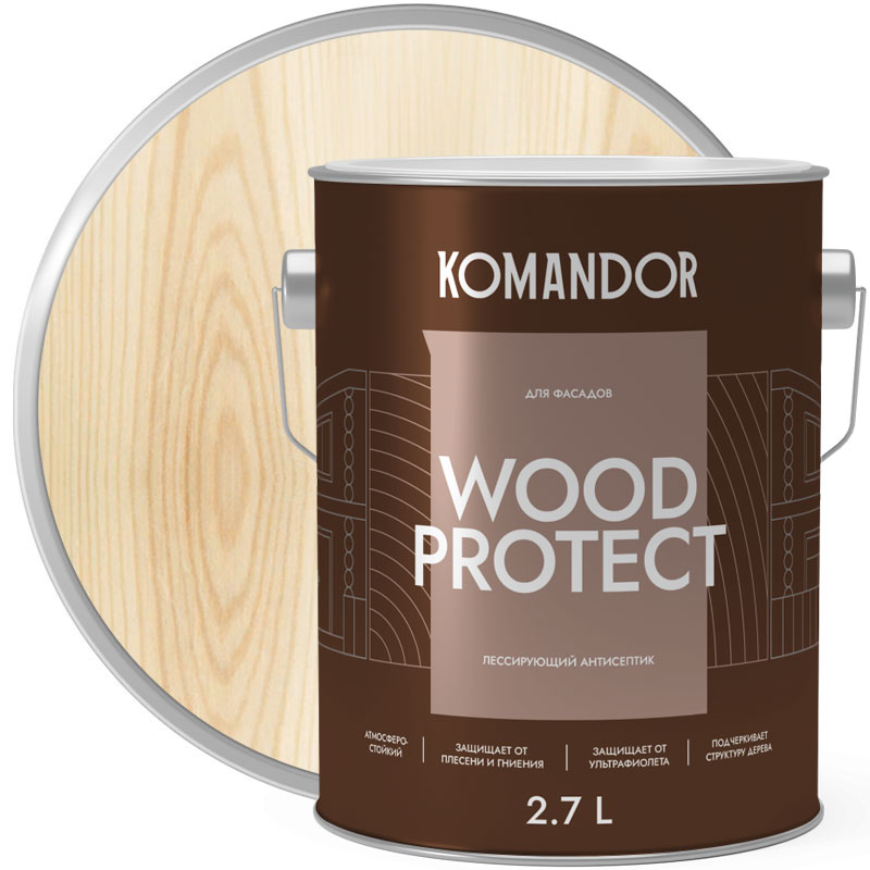 Лазурь антисептирующая для дерева «КОМАНДОР WOOD PROTECT» Бесцветный  2,7 л