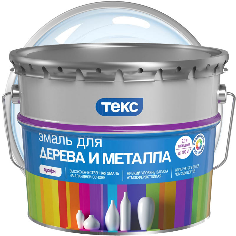 Эмаль для дерева и металла ТЕКС Профи Бесцветная глянцевая База D 9 л