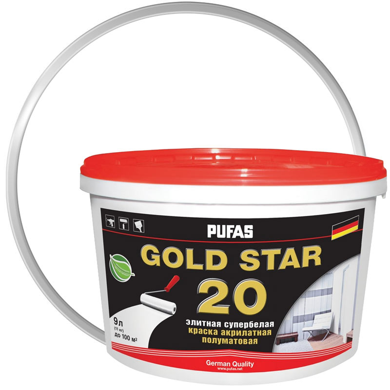 Краска интерьерная «PUFAS Gold Star 20 Белая полуматовая База А» 9 л