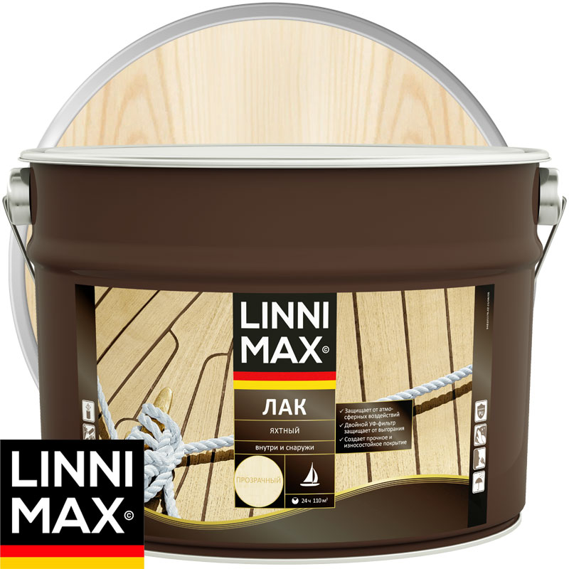 Лак алкидно-уретановый «LINNIMAX Лак Яхтный» Бесцветный Шелковисто-матовый 9 л