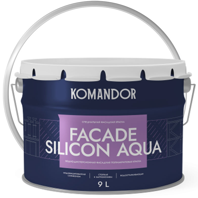 Краска фасадная «КОМАНДОР FACADE SILICON AQUA» Белая База А 9 л водоотталкивающая глубокоматовая