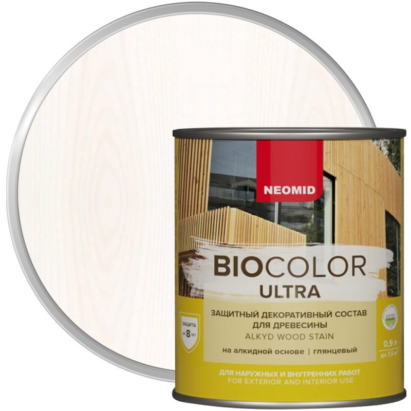 Антисептик декоративный для дерева «NEOMID Bio Color Ultra Белый полуглянцевый» 0,9 л