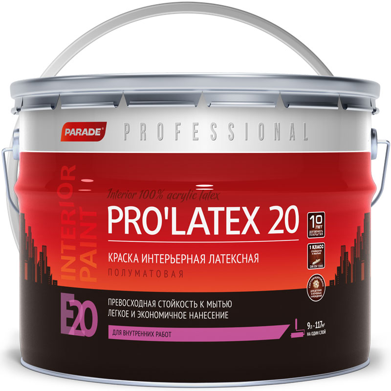 Краска интерьерная латексная «PARADE Professional E20 Pro Latex20 Белая полуматовая База А» 9 л