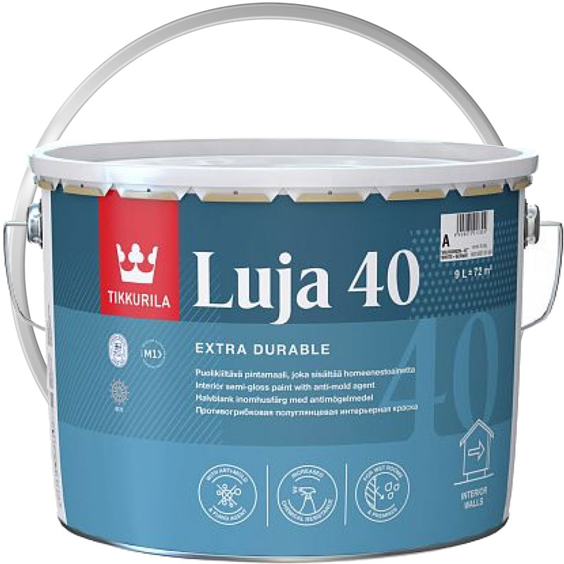 Краска интерьерная моющаяся «TIKKURILA Luja 40 Белая полуглянцевая База А» 9 л
