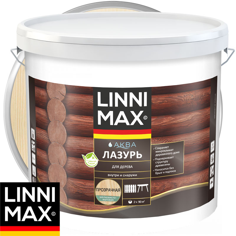 Антисептик лессирующий для дерева «LINNIMAX Аква Лазурь» Колеруемая Шелковисто-матовый 9 л